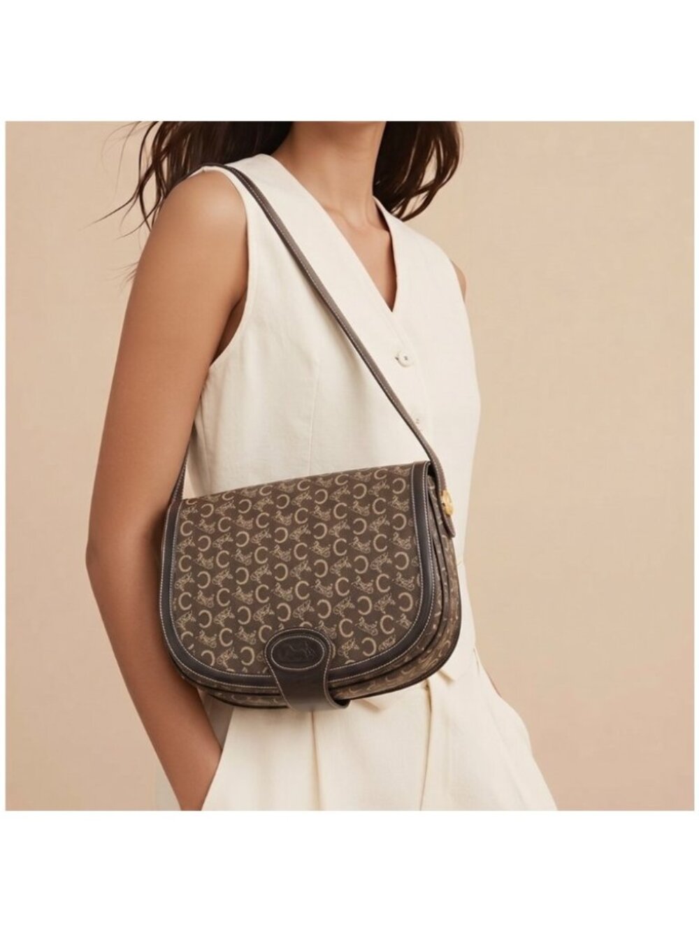 Celine Pre-Owned Monogram Brown Canvas Crossbody Bag with Dark Strap